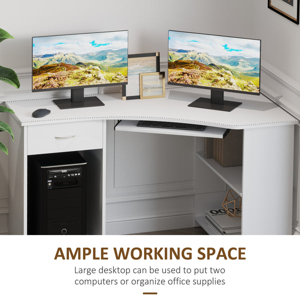 L-Shaped Desk with Keyboard Tray for Small Spaces with Shelves, White