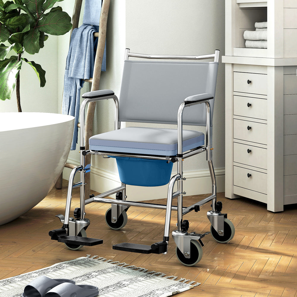 4-in-1 wheeled shower chair with padded seat and pail – Gray