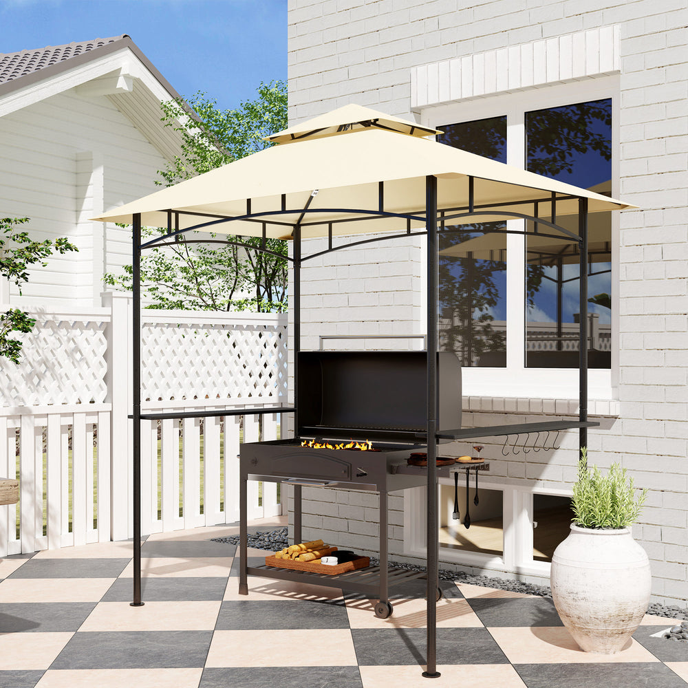 Barbecue gazebo with 2 side shelves and hooks, beige 