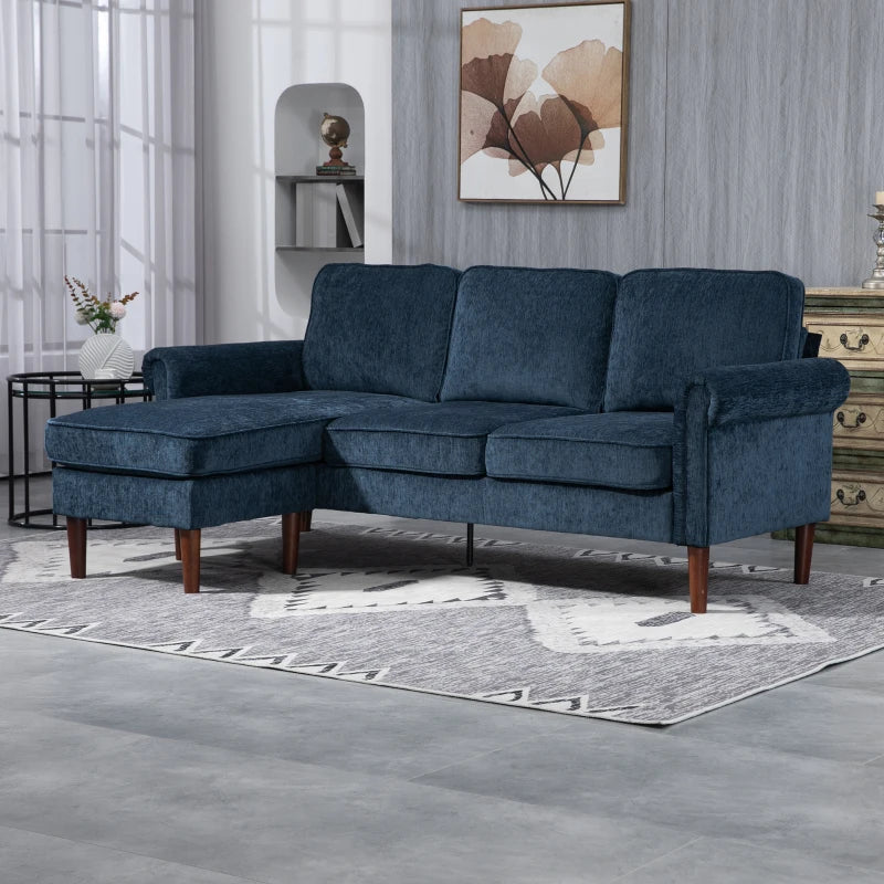 Modern corner sofa with removable chaise longue, wooden legs, dark blue