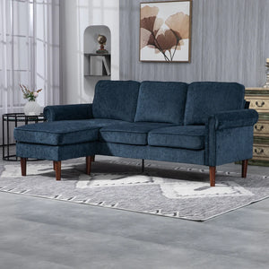 Modern corner sofa with removable chaise longue, wooden legs, dark blue