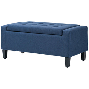 Linen Upholstered Storage Ottoman Bench with Tufted Pattern, Dark Blue