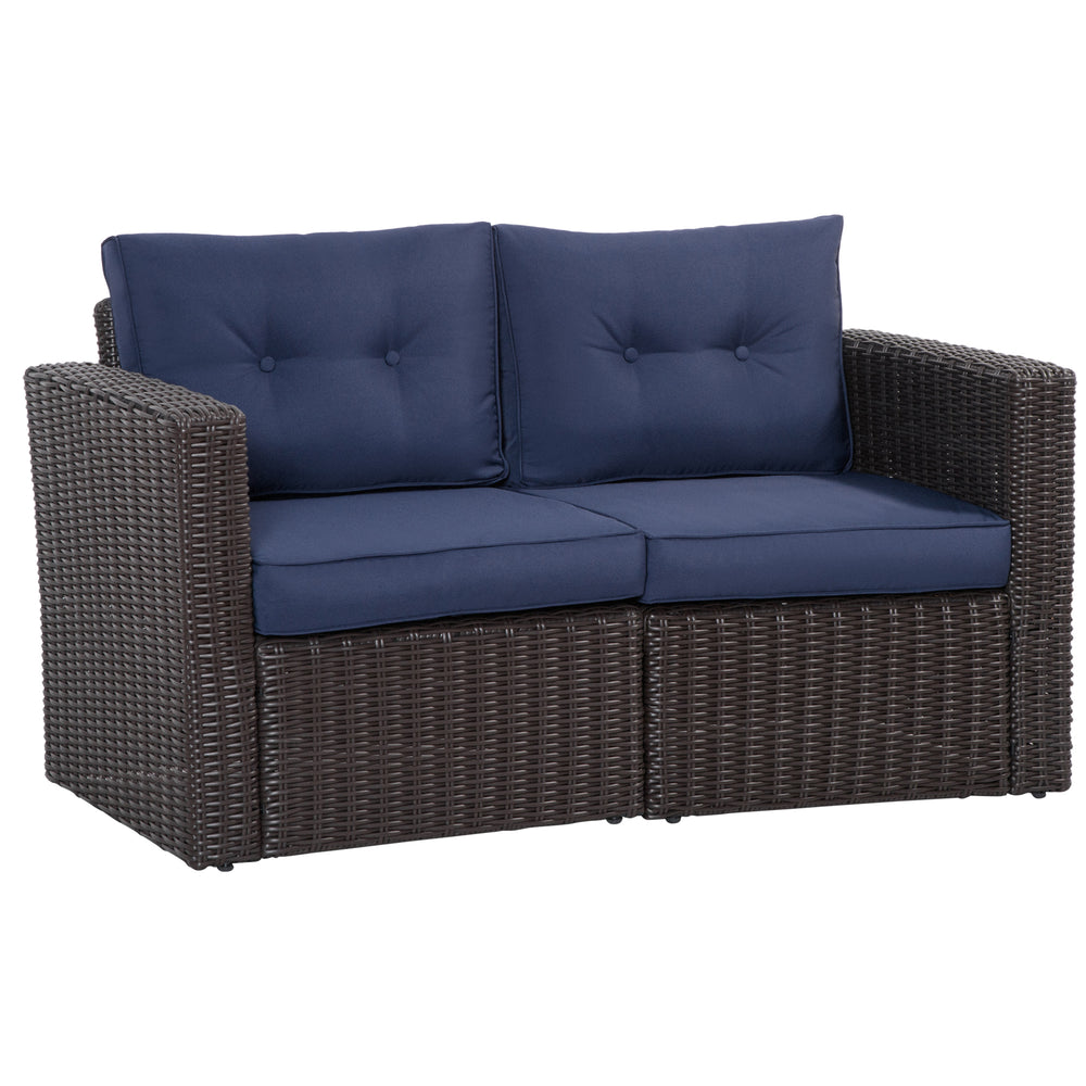 2 Pieces Patio Furniture Set Outdoor Loveseat Wicker Corner Sofa Set Outdoor Freely Combination PE Rattan Furniture, W/ Curved Armrests & Padded Cushion for Balcony, Garden, Lawn, Dark Blue
