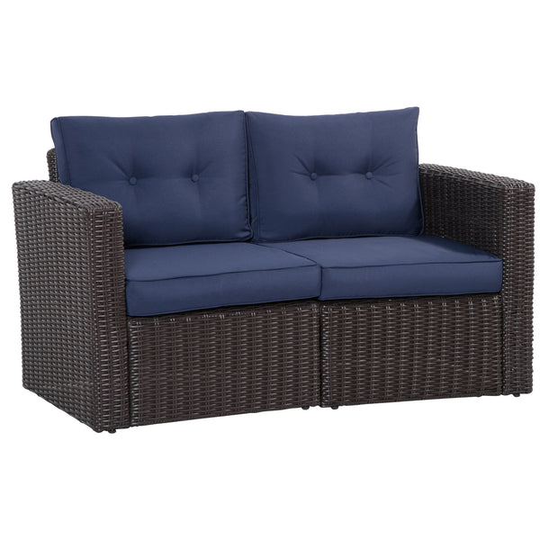 2 Pieces Patio Furniture Set Outdoor Loveseat Wicker Corner Sofa Set Outdoor Freely Combination PE Rattan Furniture, W/ Curved Armrests & Padded Cushion for Balcony, Garden, Lawn, Dark Blue