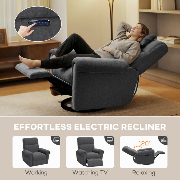 Electric reclining chair, fabric upholstery, USB ports, swivel and rocking function, footrest, dark grey