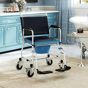 Black 4-in-1 commode and shower chair with wheels and padded seat
