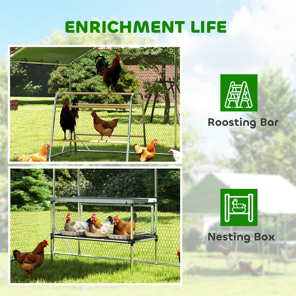 Metal chicken coop with waterproof tarp, nest box and perches