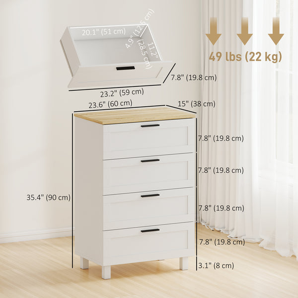 4-drawer chest of drawers for bedroom with solid wood legs, Colour: white.