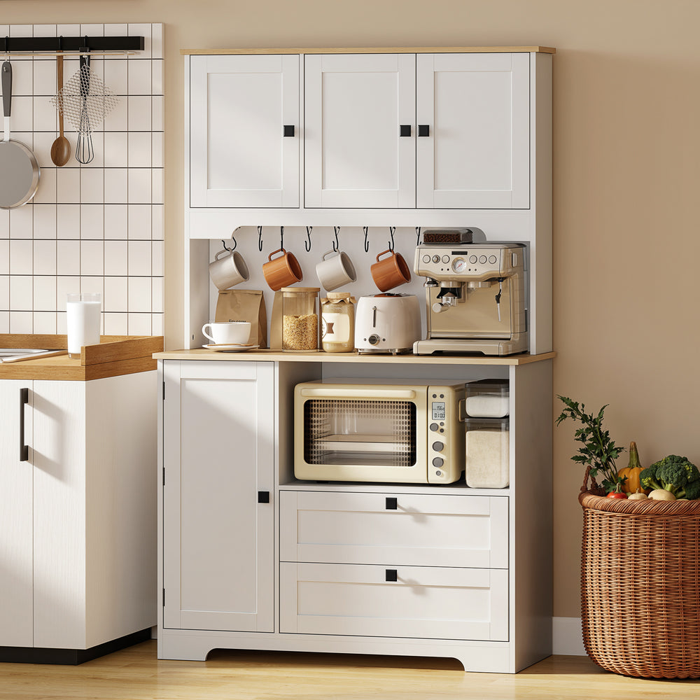 Kitchen cabinet with 3 cupboards, 2 drawers, adjustable shelves, and microwave stand, white