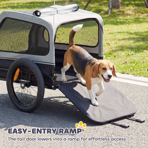 Dog bike trailer, suitable for small to medium-sized dogs up to 20 kg, with universal hitch and fold-down ramp tailgate, grey.