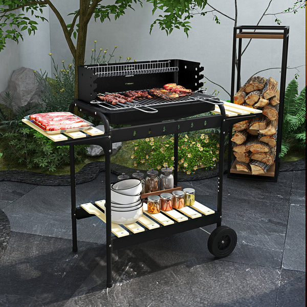 Height-adjustable charcoal barbecue with ash catcher and wheels, black