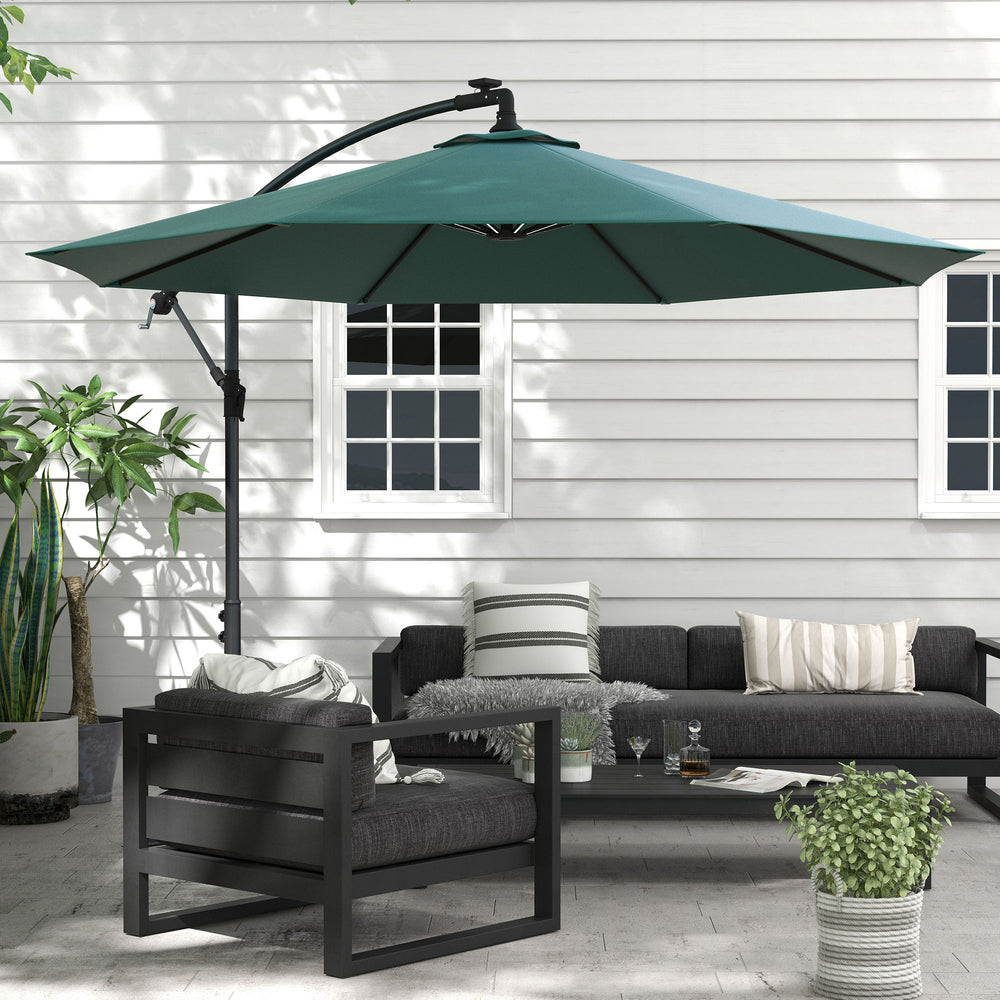 10-foot cantilever parasol with solar LED lighting, green