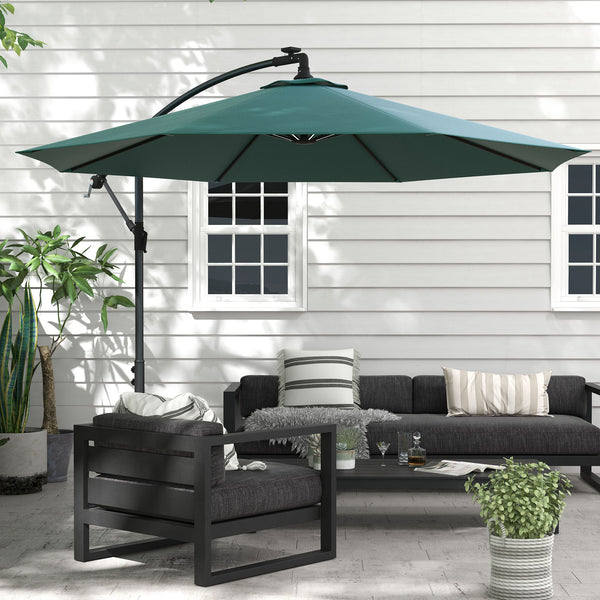 10-foot cantilever parasol with solar LED lighting, green