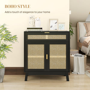 Bohemian style sideboard with rattan doors, black