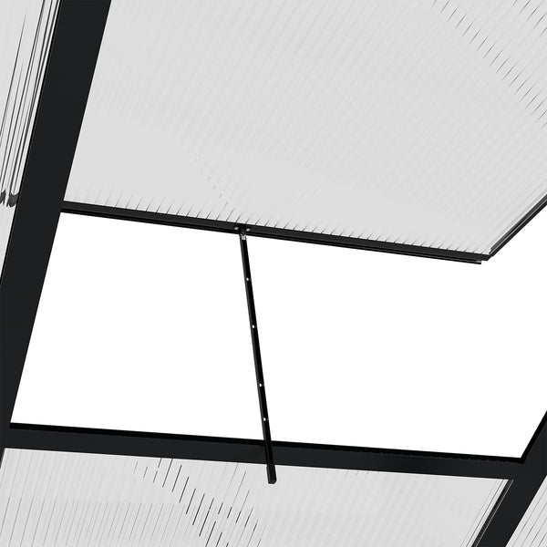 Polycarbonate greenhouse with gutter, vents and sliding door