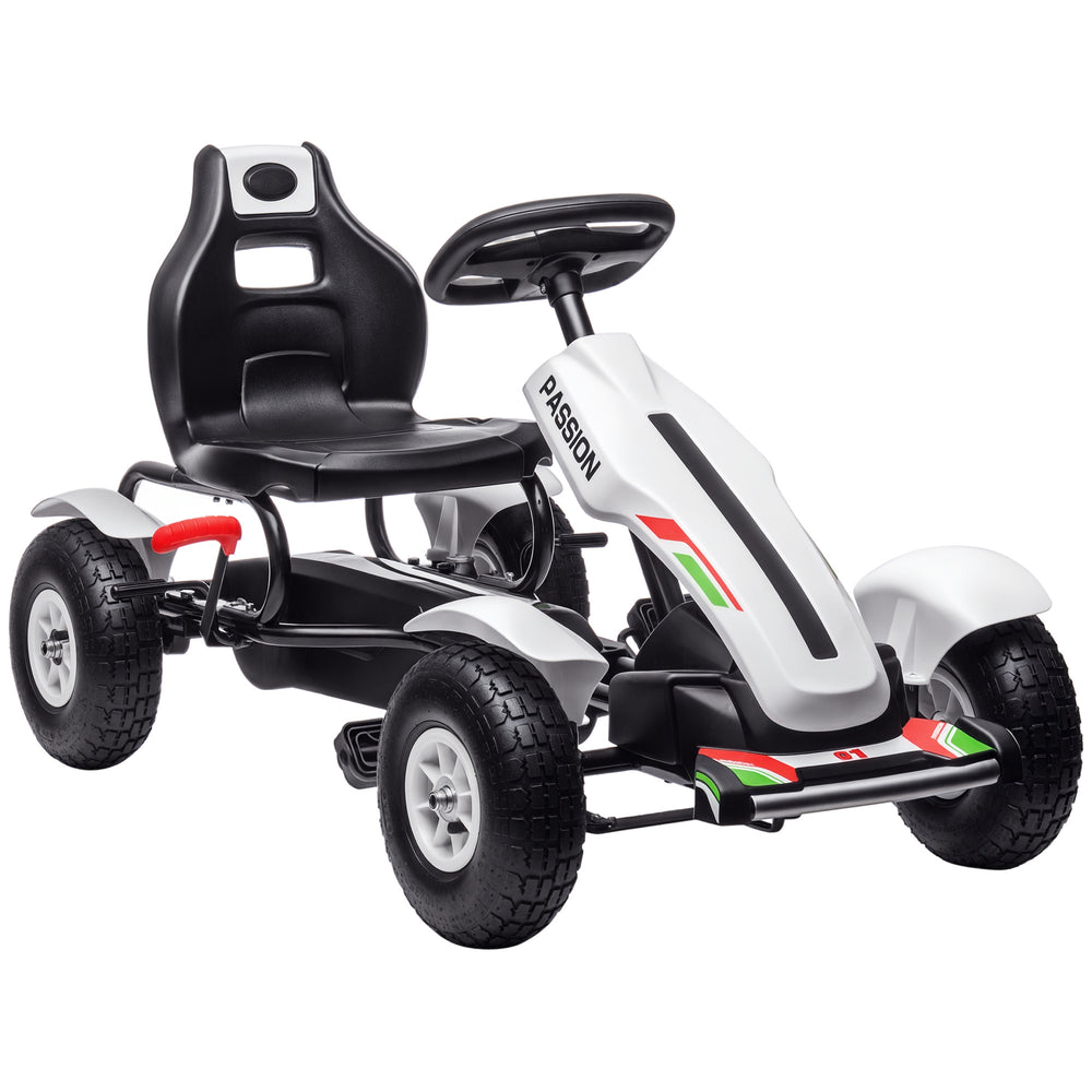Pedal go-kart with hand brake, 4 rubber wheels, white