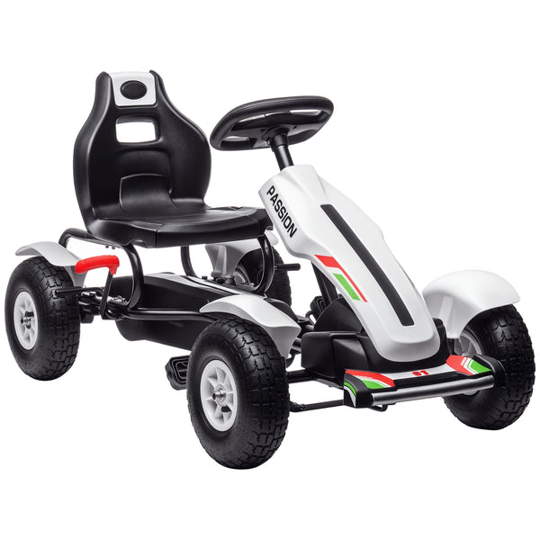 Pedal go-kart with hand brake, 4 rubber wheels, white