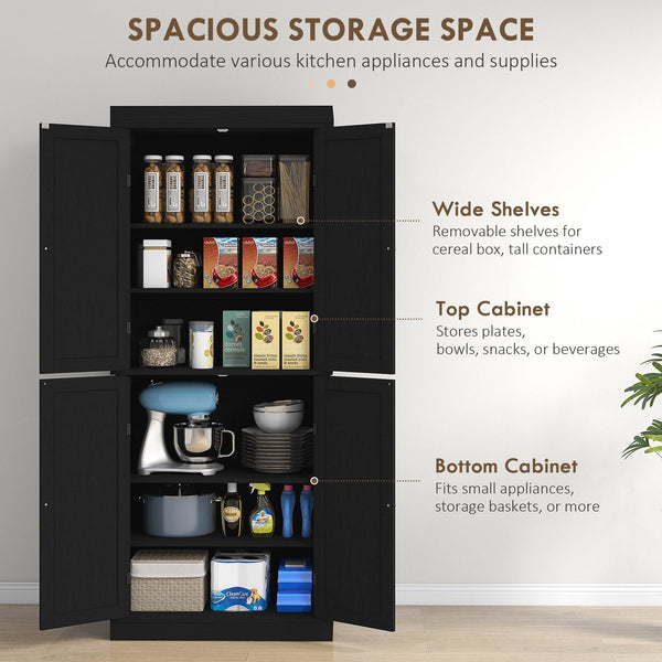72.5" Freestanding Kitchen Cabinet with 4 Doors, Black
