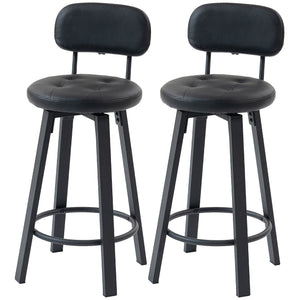 Set of 2 upholstered bar stools with footrest and backrest for kitchen counter, black