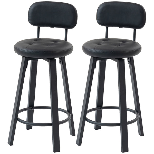 Set of 2 upholstered bar stools with footrest and backrest for kitchen counter, black