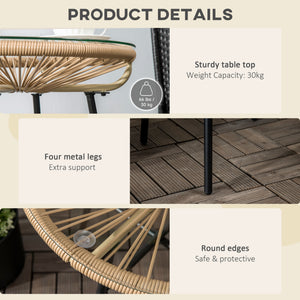 Rattan Side Table, Round Outdoor Table, with Round PE Rattan and Tempered Glass Table Top for Patio, Garden, Beige