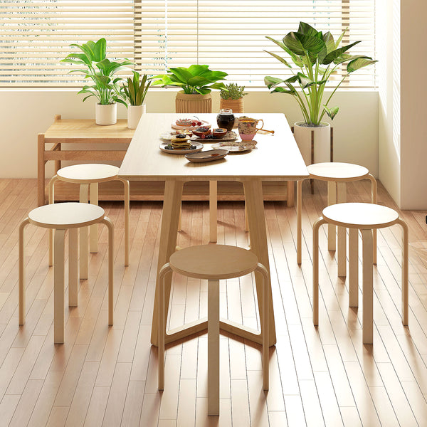 Set of 6 round wooden stackable stools for small spaces – Natural