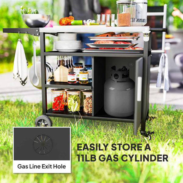 Outdoor BBQ Stand with Foldable Side Table, Stainless Steel Top, Pizza Oven Table with Wheels Hooks Shelves