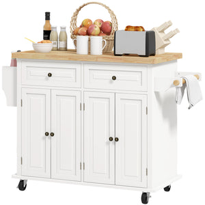 Kitchen island with storage, rolling with rubberwood top, spice rack, towel rack, cream white