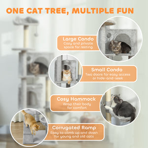 160cm Cat Tree with Scratching Posts, Cabins, Perches, Hammock, Ladder, Light Grey