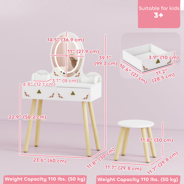 Children's dressing table with mirror, stool and 3-color LED lights, white