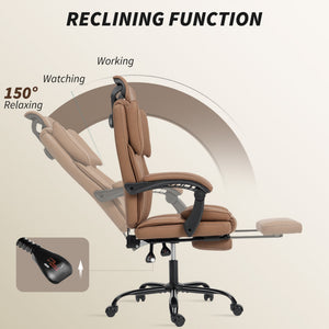 Reclining office chair with pet-friendly fabric upholstery, headrest, footrest, and swivel casters, brown