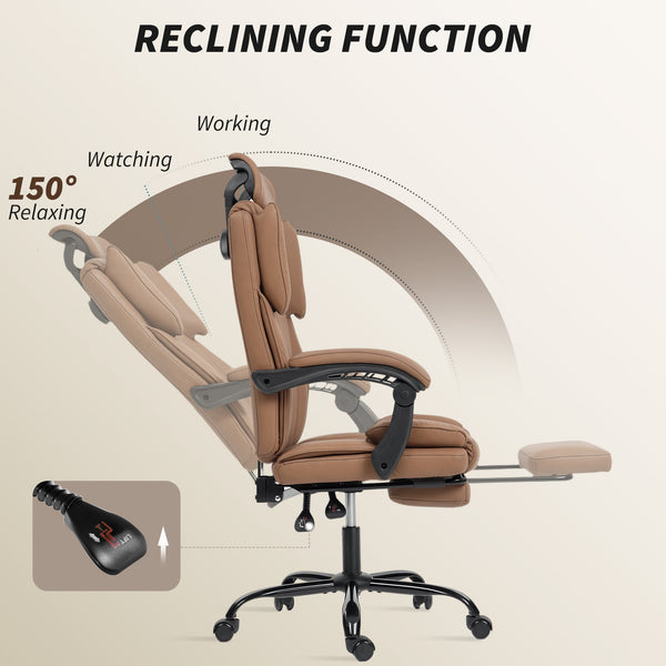 Reclining office chair with pet-friendly fabric upholstery, headrest, footrest, and swivel casters, brown