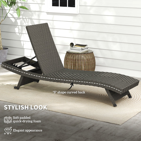 Outdoor Folding Rattan Lounge Chair with 5-Level Adjustable Backrest and Casters, Grey Melange