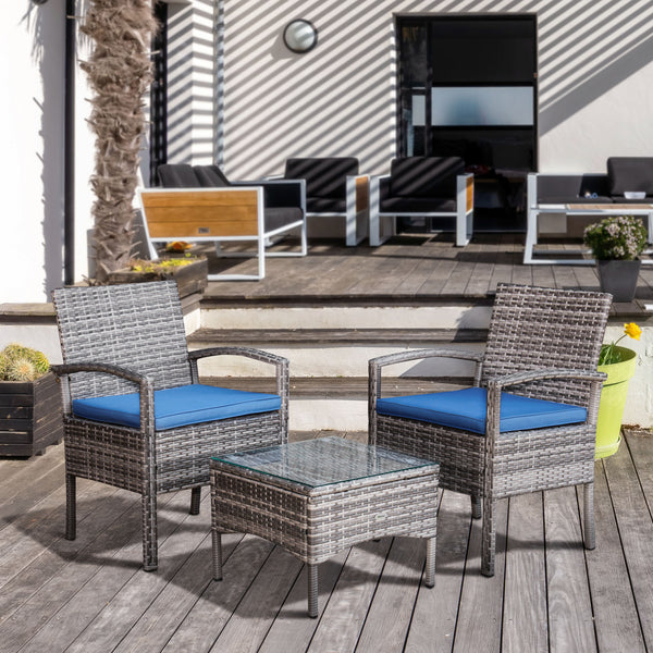 3-piece garden furniture set in woven resin, blue