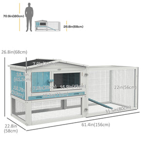 Wooden hutch with removable tray, opening roof, waterer, and run, blue