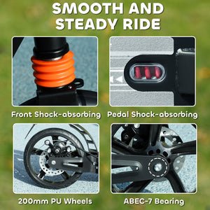 Foldable scooter, 4 adjustable heights, double brake and shock absorption, black