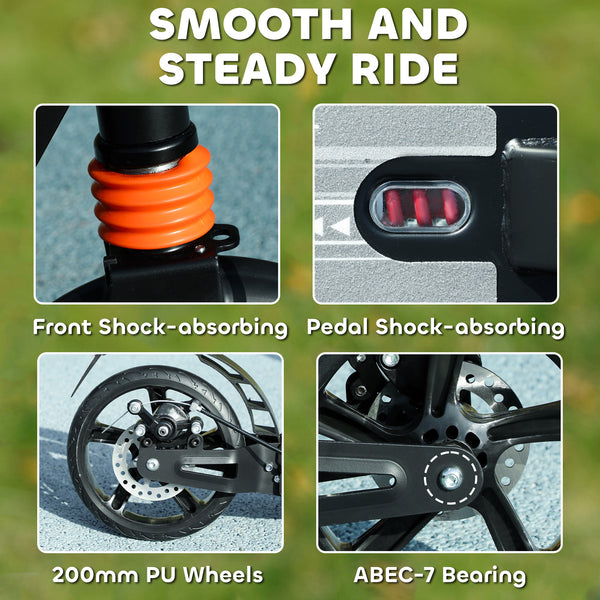 Foldable scooter, 4 adjustable heights, double brake and shock absorption, black