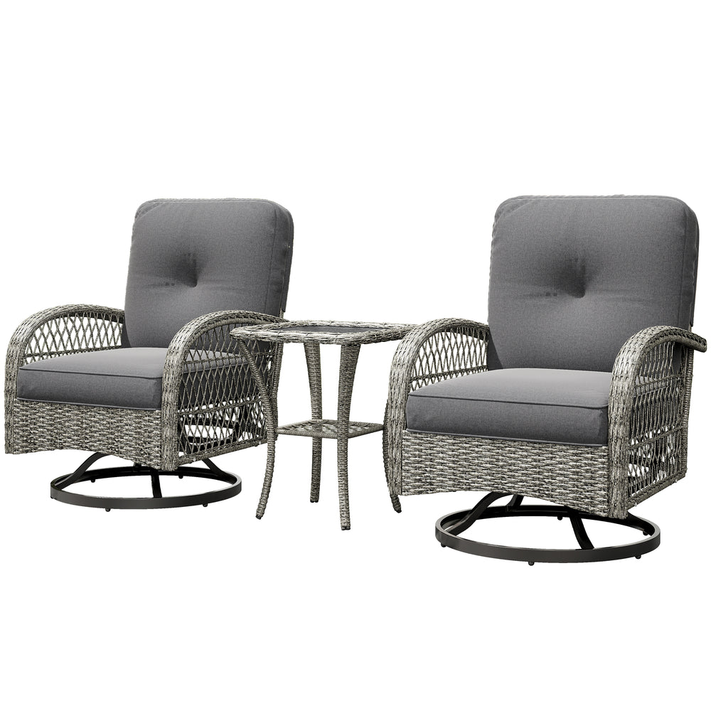 3 Piece Wicker Garden Set with 2 Rocking Swivel Chairs and Two-Tier Glass Coffee Table, Grey