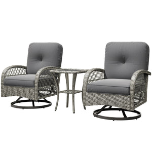 3 Piece Wicker Garden Set with 2 Rocking Swivel Chairs and Two-Tier Glass Coffee Table, Grey
