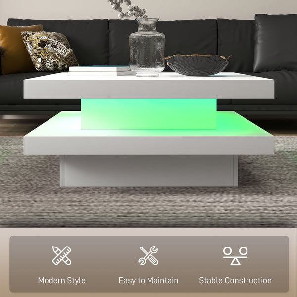 Square coffee table with 7 LED lights and remote control, white