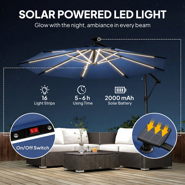 3m cantilever parasol with solar lighting, 360° rotation, tilt, and protective cover, navy blue