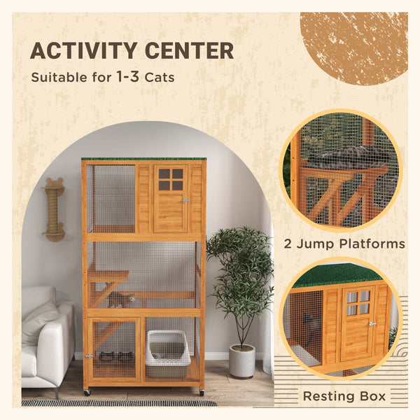 Wooden cat house, weatherproof and equipped with wheels