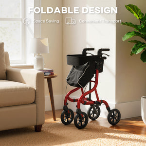 Foldable rollator walker with seat for seniors, lightweight with wheels and adjustable handles, red
