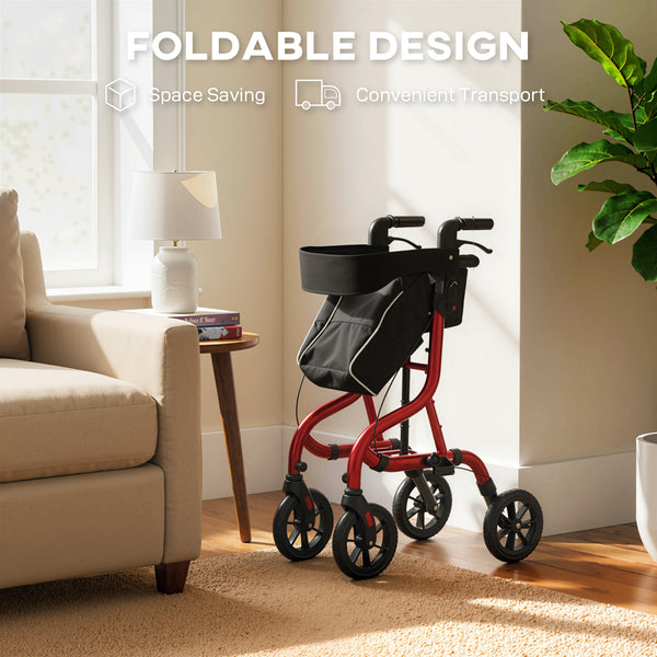 Foldable rollator walker with seat for seniors, lightweight with wheels and adjustable handles, red