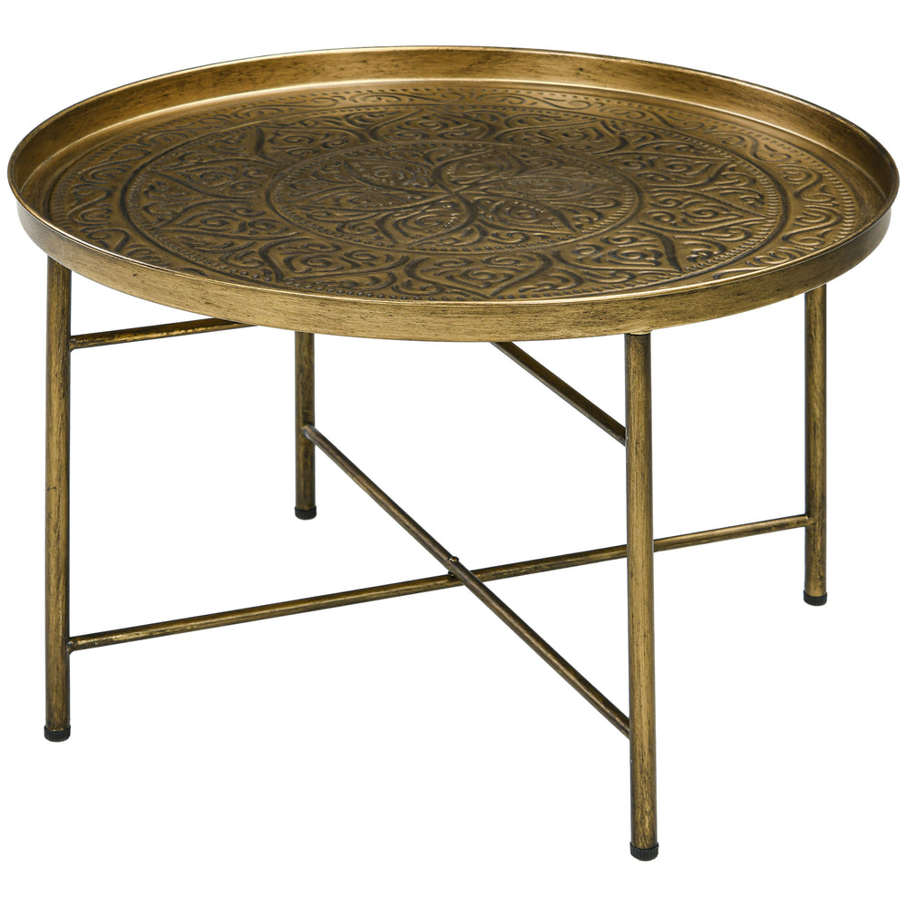Vintage round coffee table with hammered top and metal frame, gold