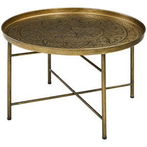 Vintage round coffee table with hammered top and metal frame, gold