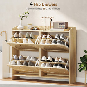Shoe cabinet with 4 folding drawers with rattan doors and adjustable shelves, capacity of 16 pairs, natural color