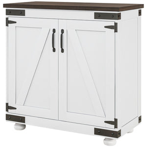 Storage Sideboard with Barn-Style Sliding Door and Adjustable Shelves, White and Brown