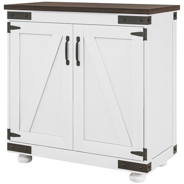 Storage Sideboard with Barn-Style Sliding Door and Adjustable Shelves, White and Brown