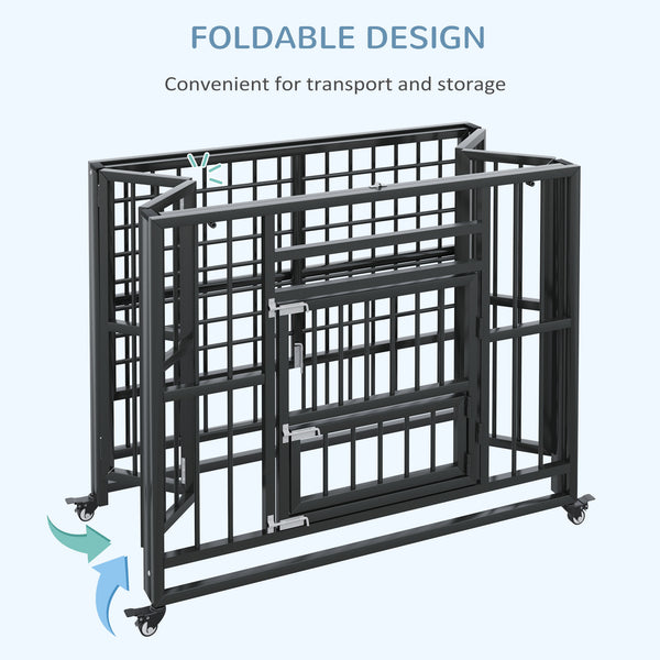 37" Heavy Duty Dog Crate, Foldable Dog Cage on Wheels with Double Locks, Removable Tray, Openable Top, Double Doors, Indoor Outdoor Use, for Small and Medium Dogs - Black